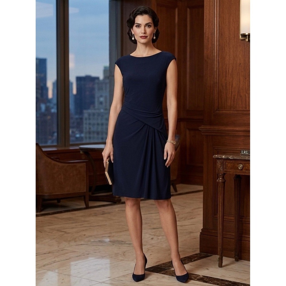 Lauren Ralph Lauren Navy Blue Cap Sleeve Pleated Sheath Cocktail Dress Size 4